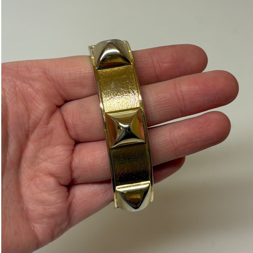 Gold Tone Pyramid Stud Hinged Bangle Bracelet Textured Edgy Statement